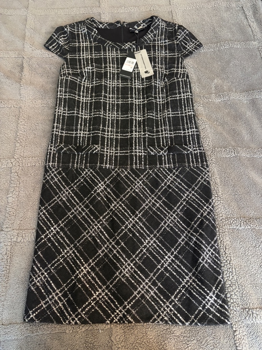 Karl Lagerfeld Black and White Plaid Short-Sleeve Shift Dress